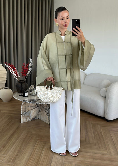 Chinese Buttoned Transparent Shirt - olive green