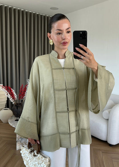 Chinese Buttoned Transparent Shirt - olive green