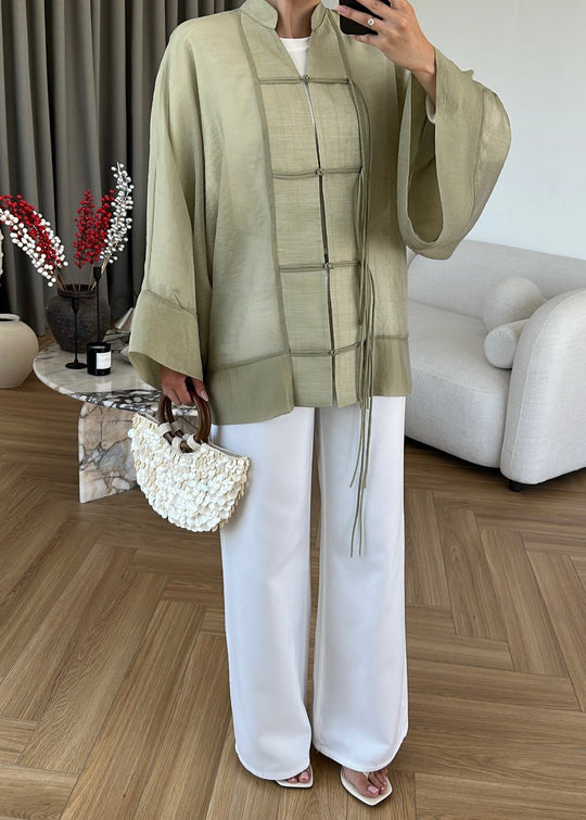 Chinese Buttoned Transparent Shirt - olive green