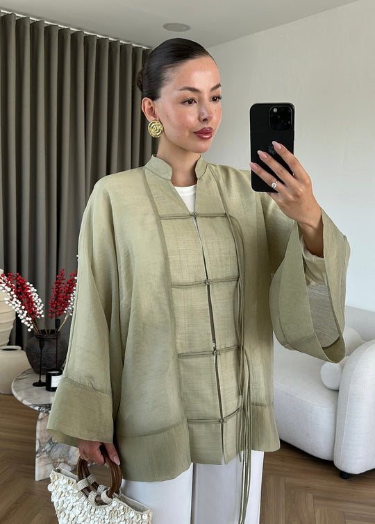 Chinese Buttoned Transparent Shirt - olive green