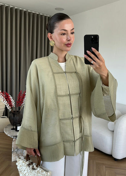 Chinese Buttoned Transparent Shirt - olive green