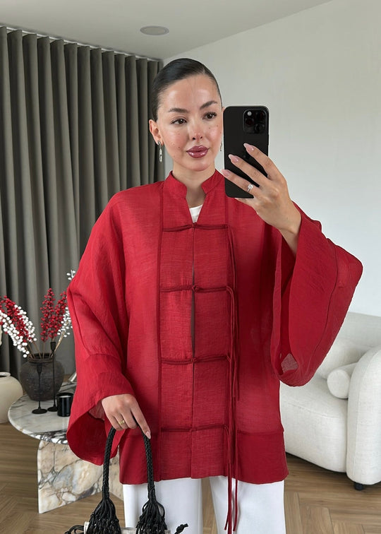 Chinese Buttoned Transparent Shirt - red