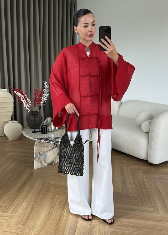 Chinese Buttoned Transparent Shirt - red