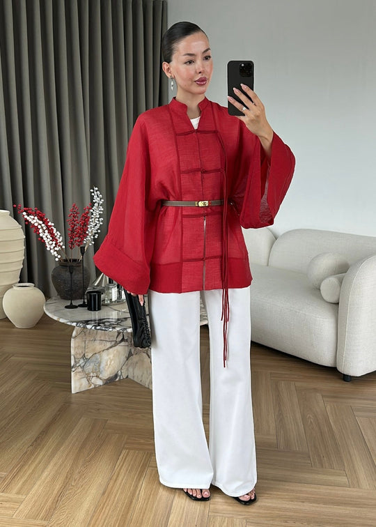 Chinese Buttoned Transparent Shirt - red