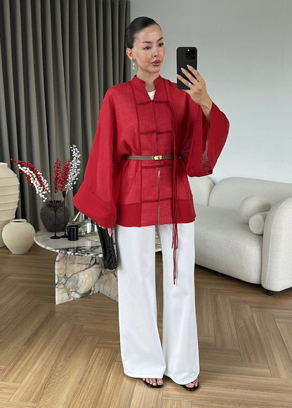 Chinese Buttoned Transparent Shirt - red