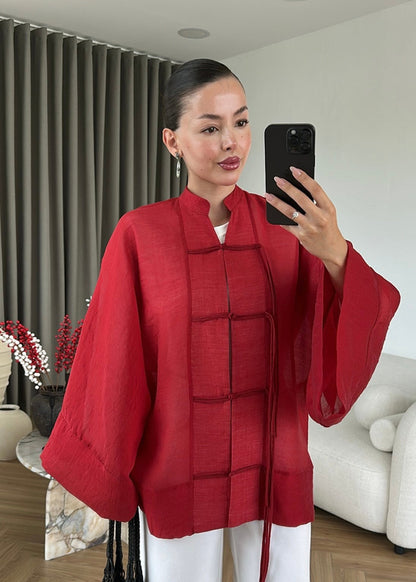 Chinese Buttoned Transparent Shirt - red
