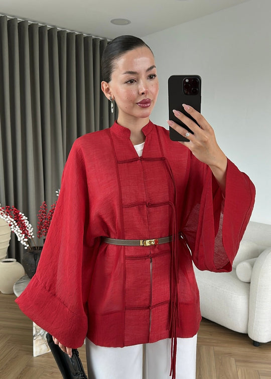 Chinese Buttoned Transparent Shirt - red