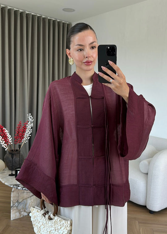 Chinese Buttoned Transparent Shirt - burgundy