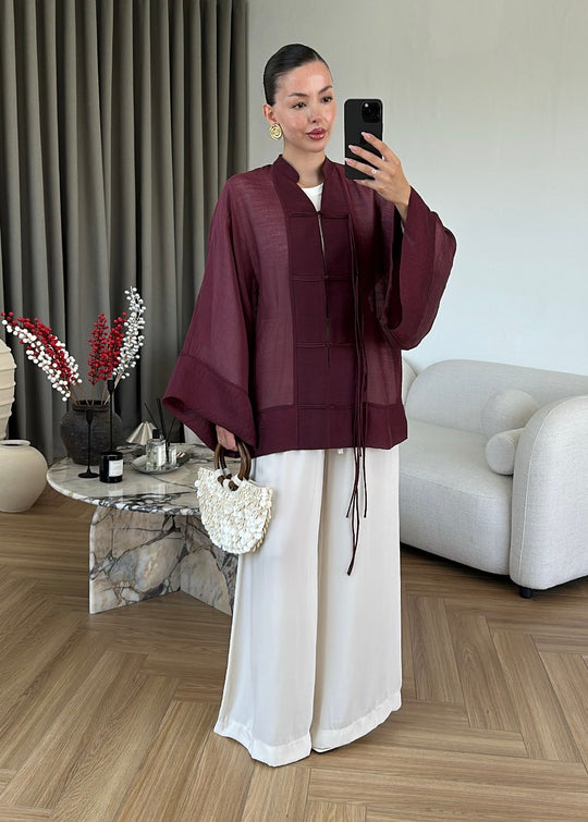 Chinese Buttoned Transparent Shirt - burgundy