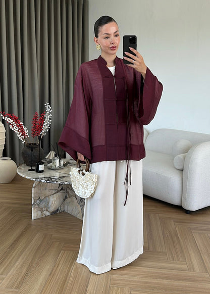 Chinese Buttoned Transparent Shirt - burgundy
