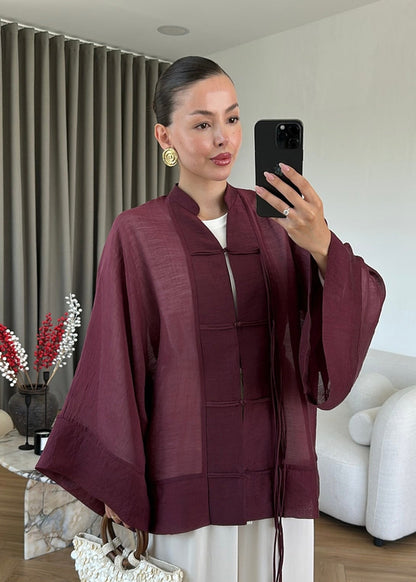 Chinese Buttoned Transparent Shirt - burgundy