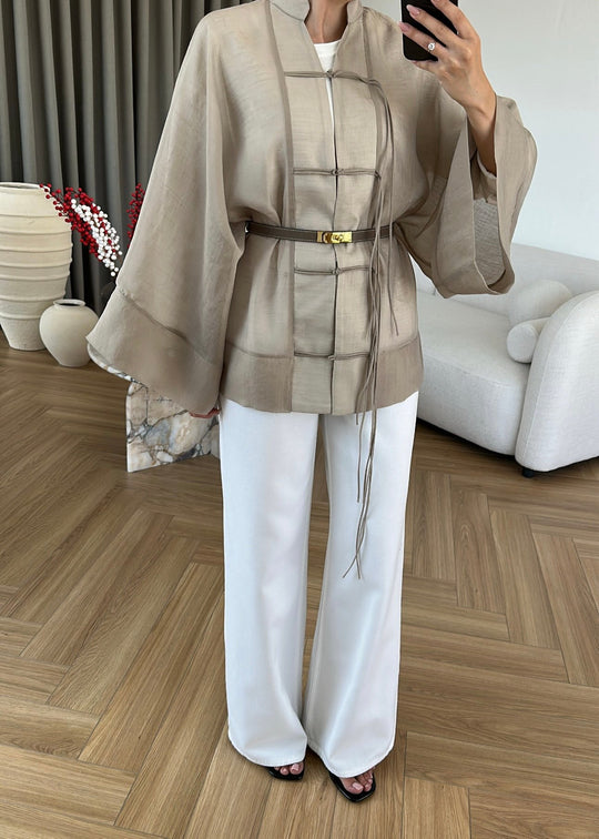 Chinese Buttoned Transparent Shirt Khaki