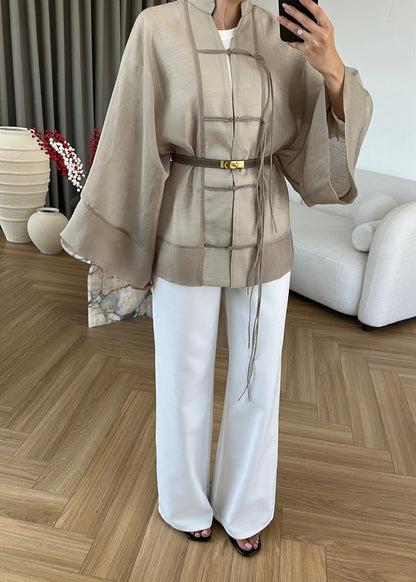 Chinese Buttoned Transparent Shirt Khaki