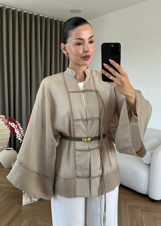 Chinese Buttoned Transparent Shirt Khaki