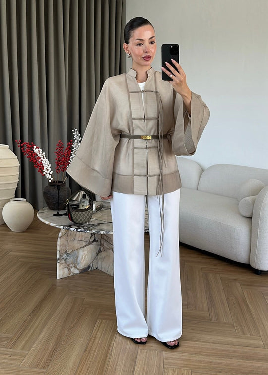 Chinese Buttoned Transparent Shirt Khaki