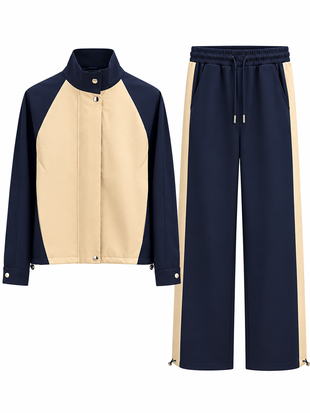 Navy Blue Beige Contrast Tracksuit Set
