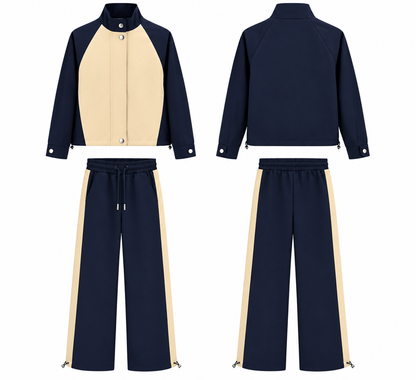Navy Blue Beige Contrast Tracksuit Set