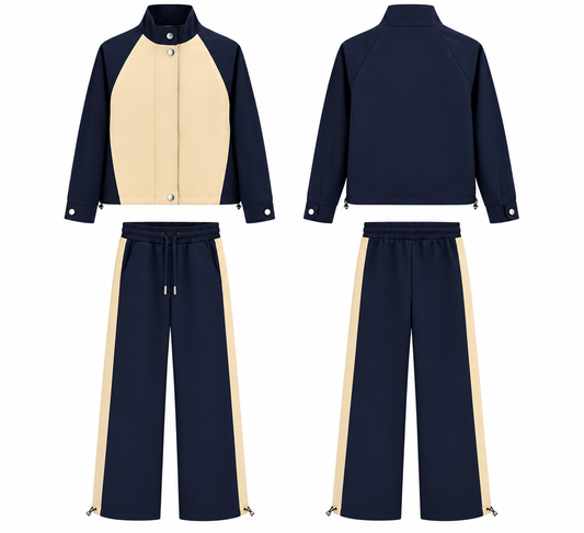 Navy Blue Beige Contrast Tracksuit Set