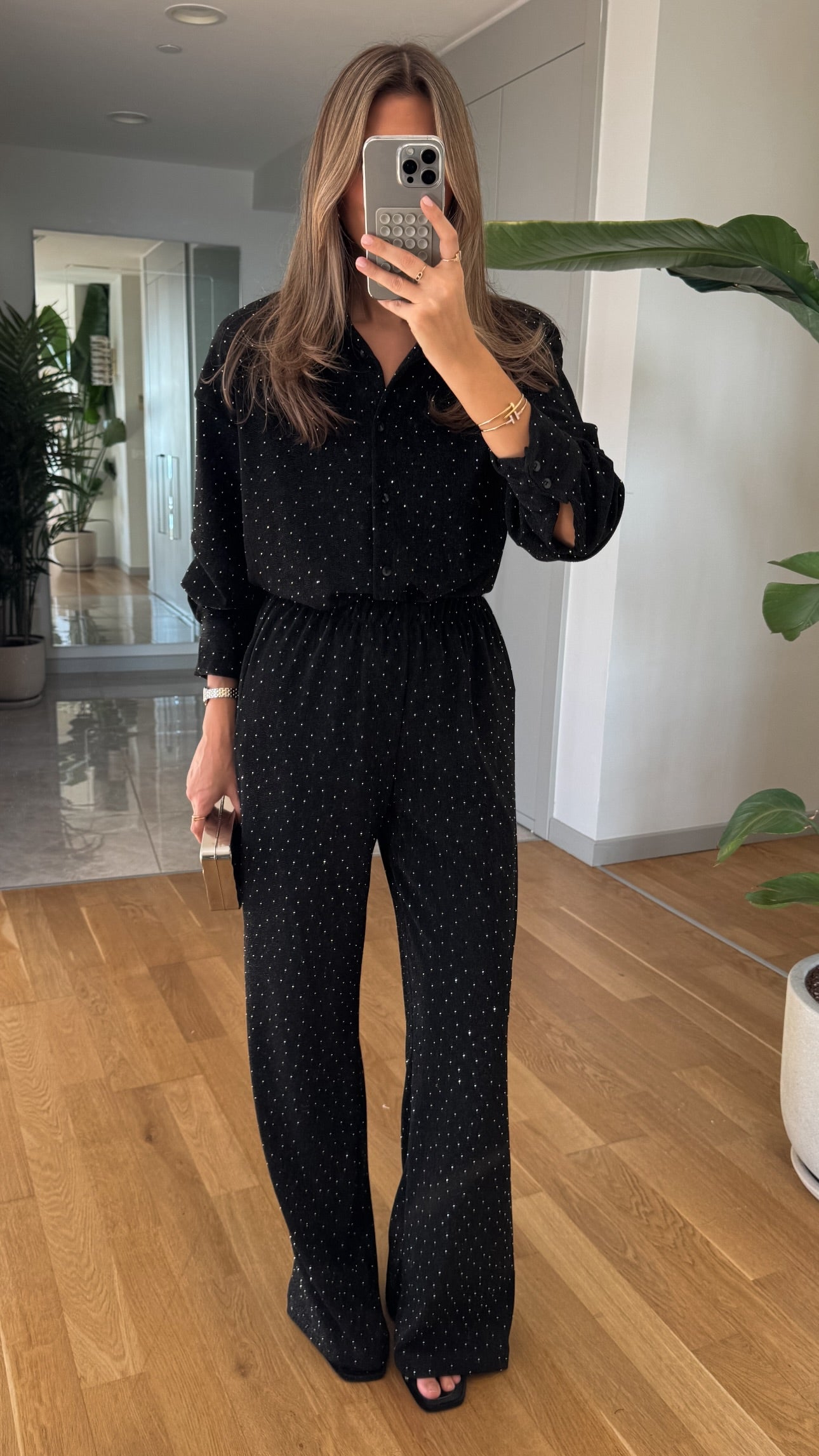 Stone Detail Shirt and Pants Set - Black