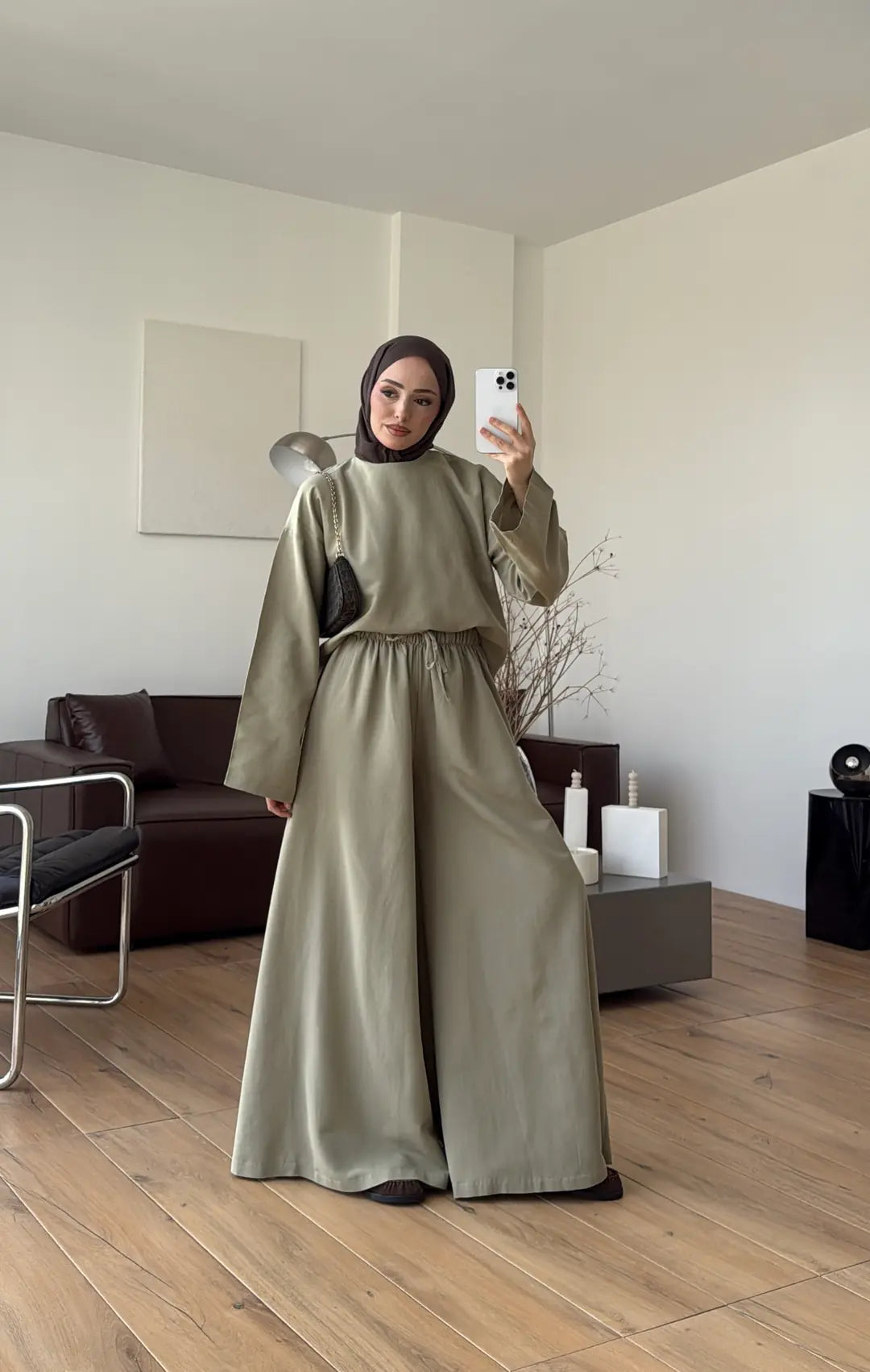 Linen Wide-Leg Blouse Set in Light Green