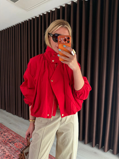 Parachute fabric High-Neck Bomber with gold snaps  - Red