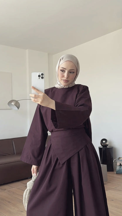 Wide sleeve blouse, Wide-leg trouser with Asymmetric attached Linen Suit