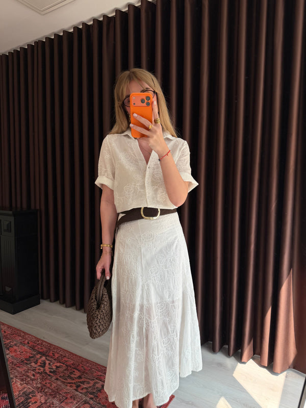 White Textured Shirt & Midi Skirt Set