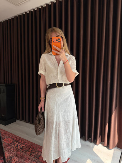 White Textured Shirt & Midi Skirt Set