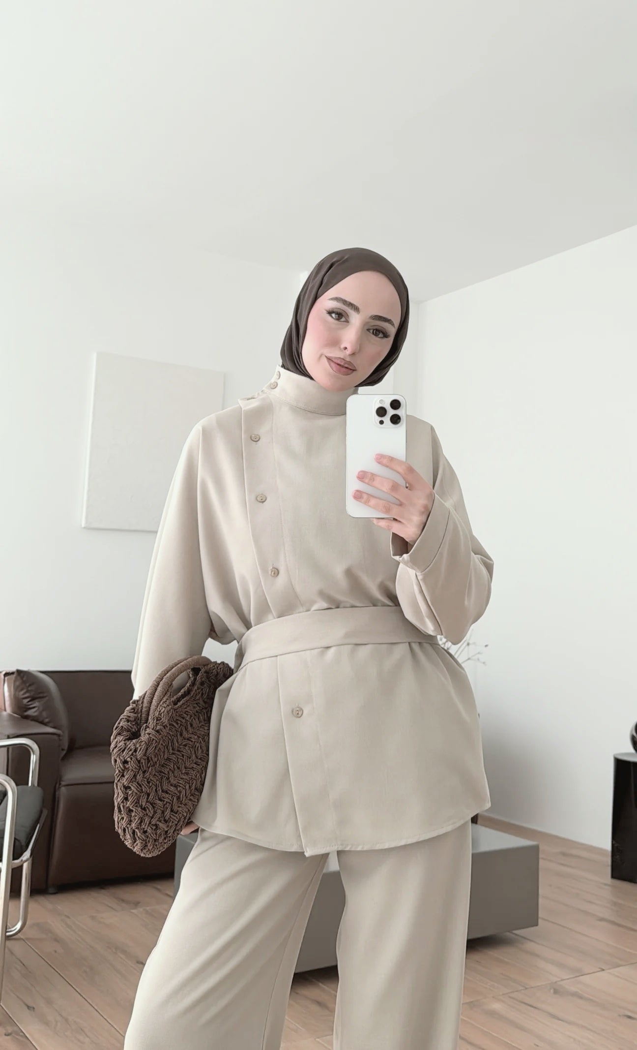 Belted side buttons shirt ,waistband straight leg trouser co-ord set-beige