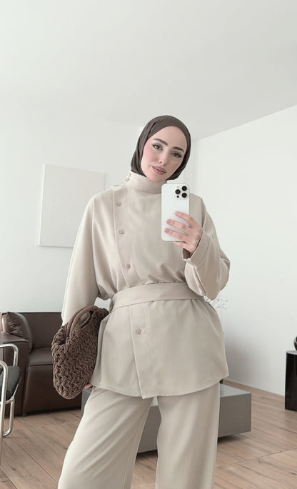 Belted side buttons shirt ,waistband straight leg trouser co-ord set-beige