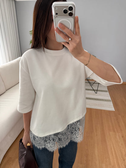 Premium cotton t-shirt with lace details - white