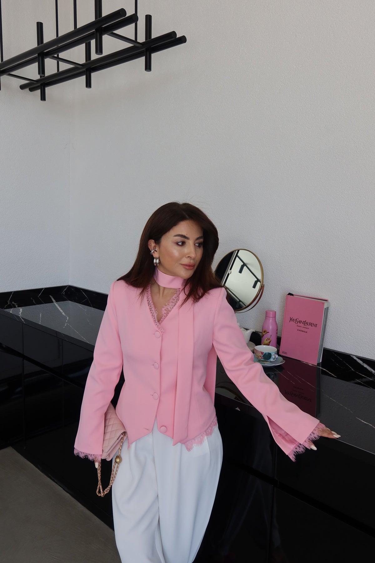 Lace Detail Button-Down Jacket - Pink