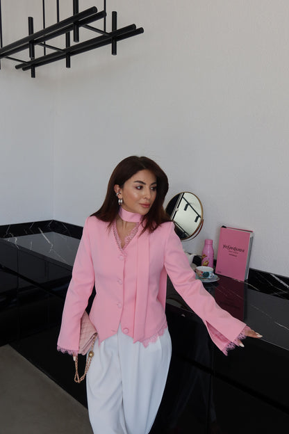 Lace Detail Button-Down Jacket - Pink