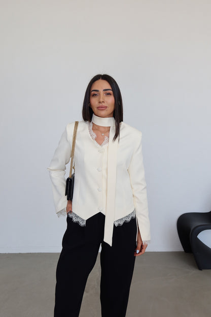 Lace Detail Button-Down Jacket - off white