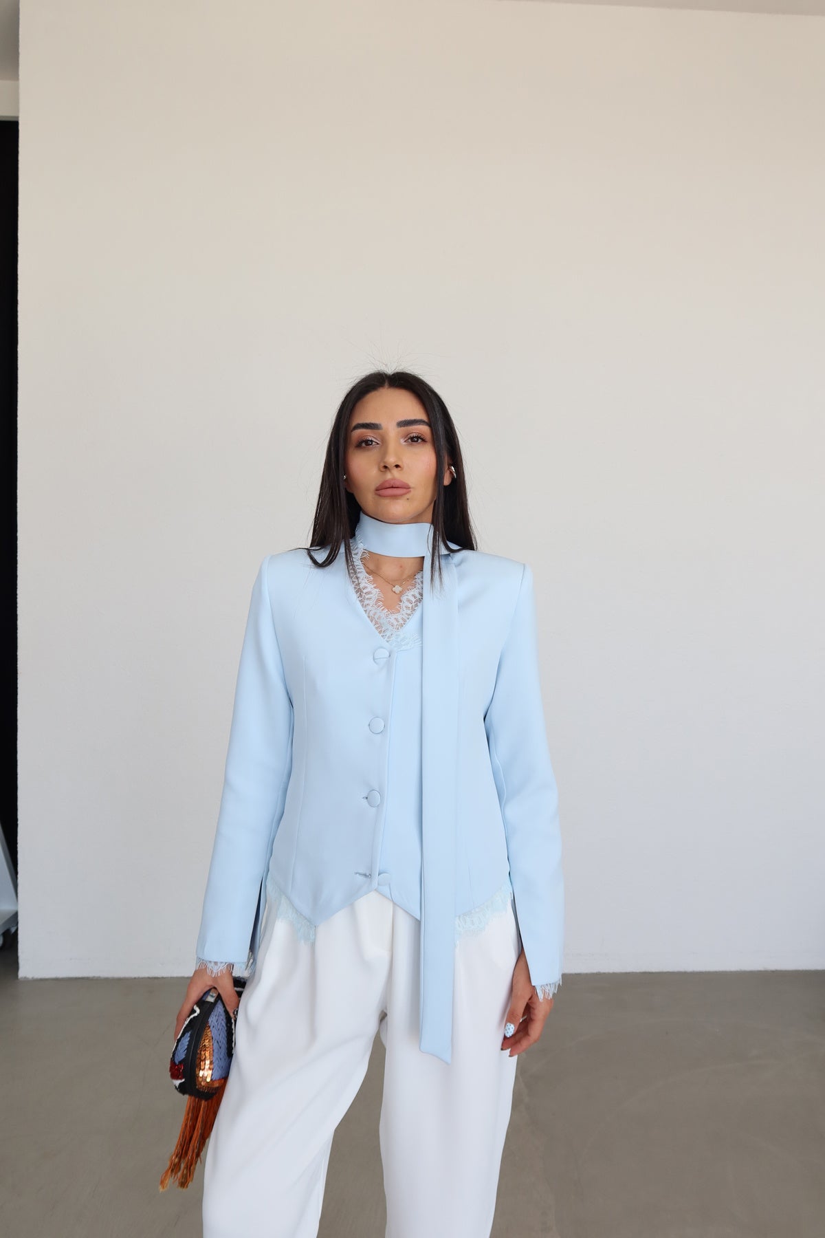 Lace Detail Button-Down Jacket- blue