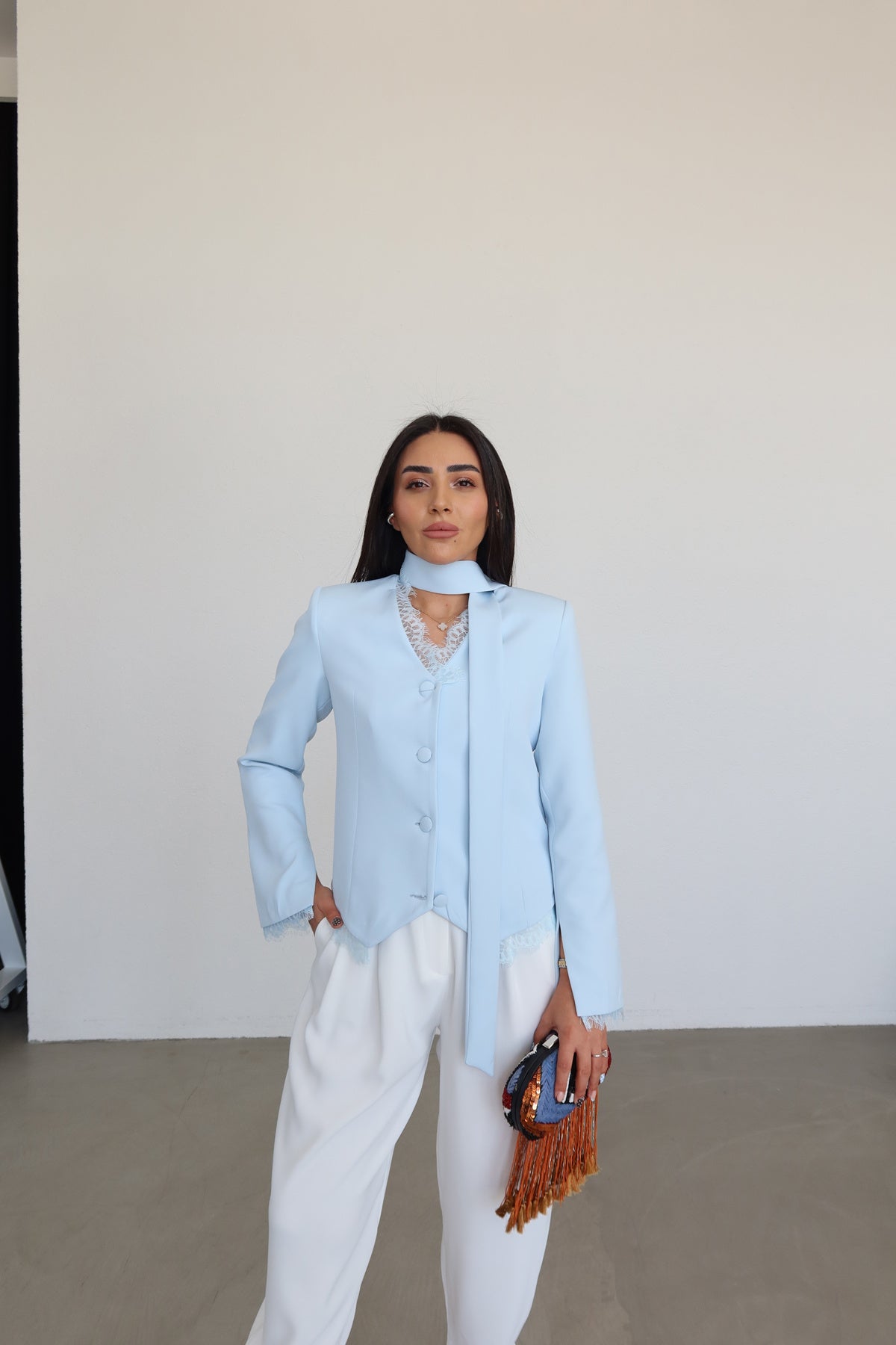 Lace Detail Button-Down Jacket- blue