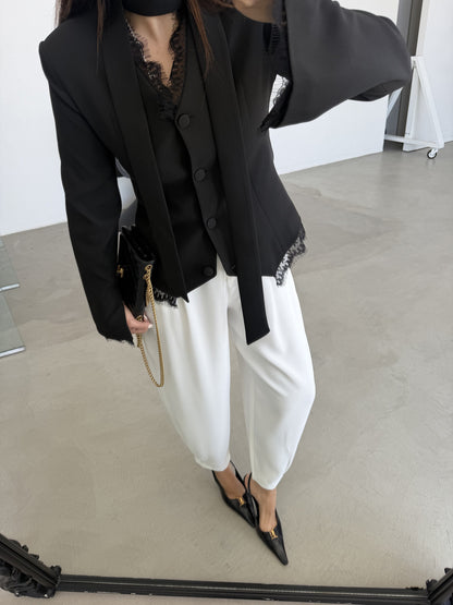 Lace Detail Button-Down Jacket - black