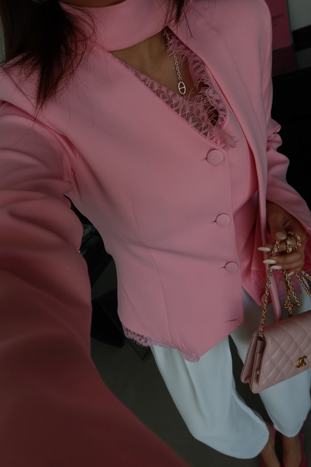 Lace Detail Button-Down Jacket - Pink