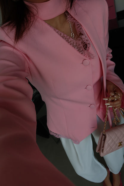 Lace Detail Button-Down Jacket - Pink