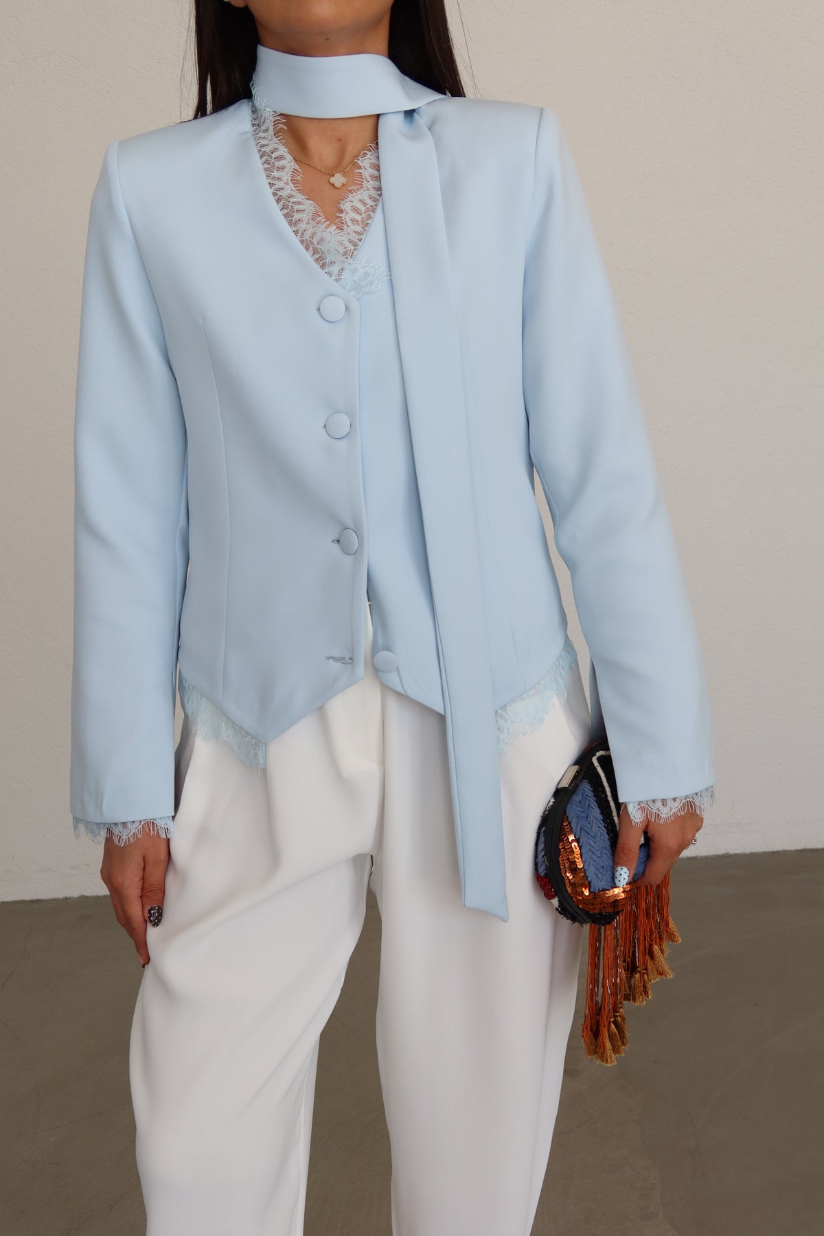 Lace Detail Button-Down Jacket- blue