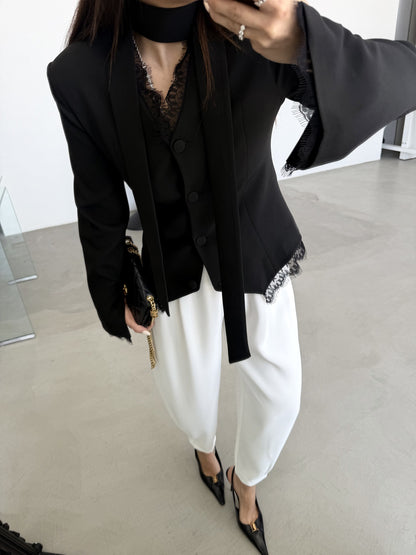 Lace Detail Button-Down Jacket - black