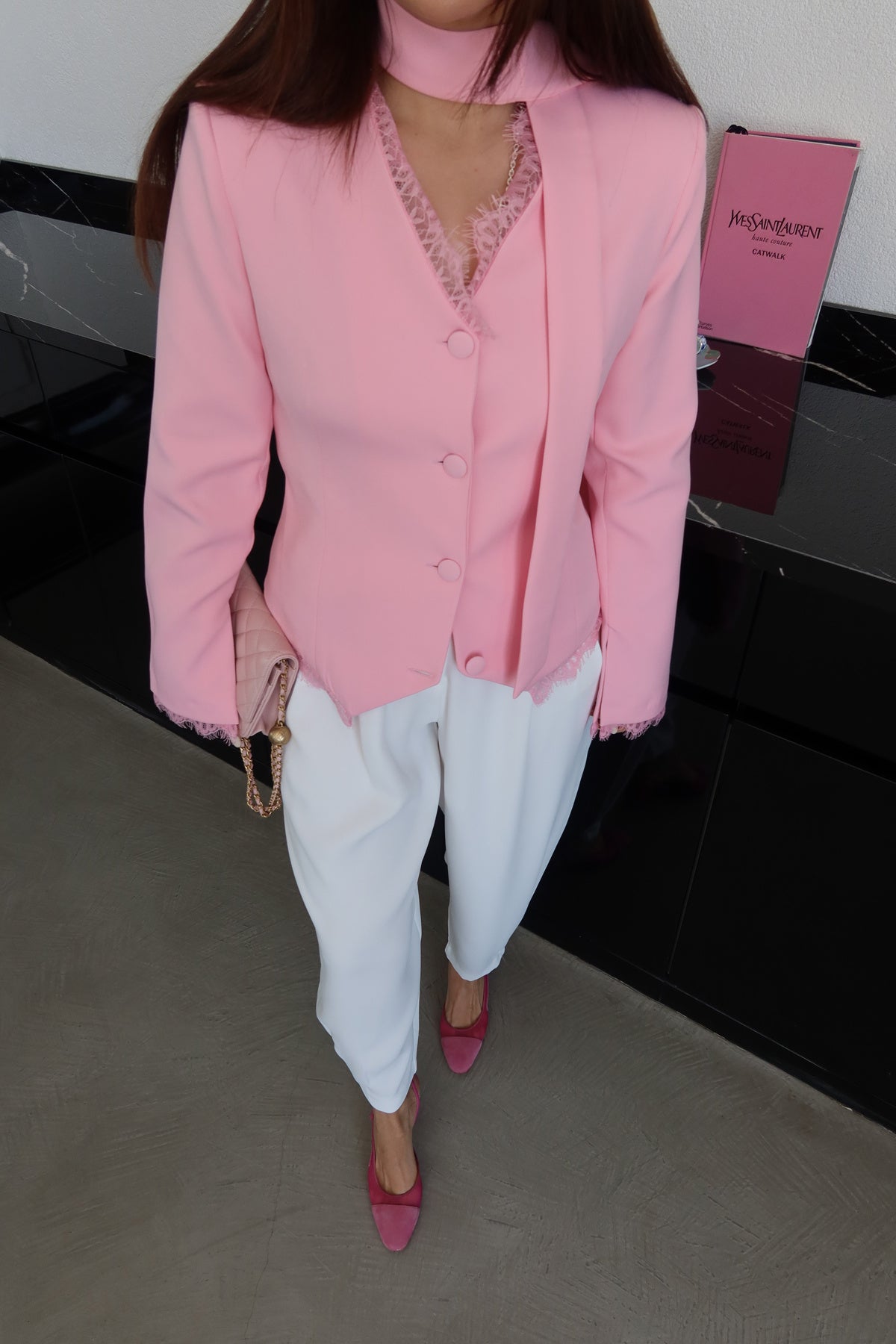 Lace Detail Button-Down Jacket - Pink