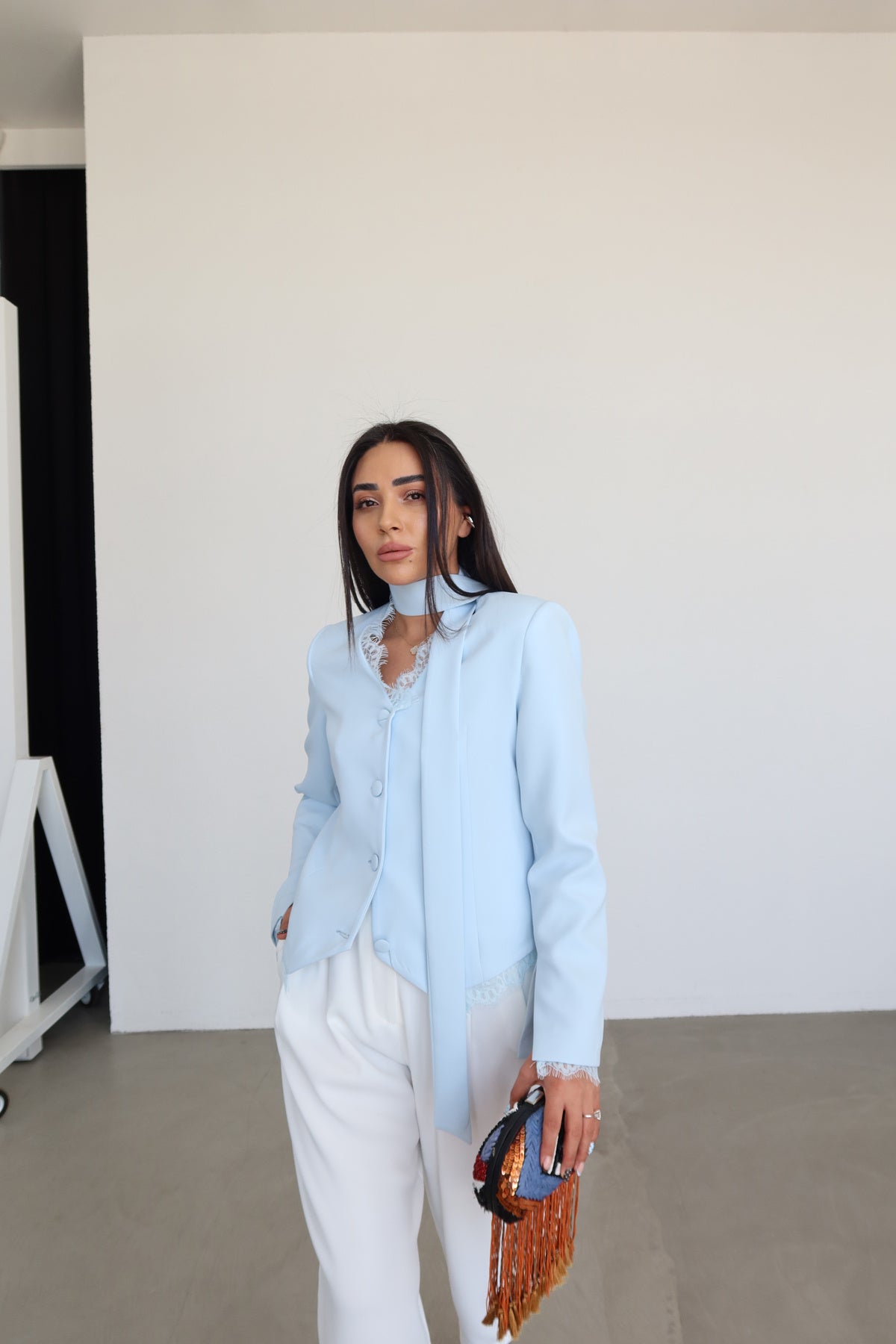 Lace Detail Button-Down Jacket- blue