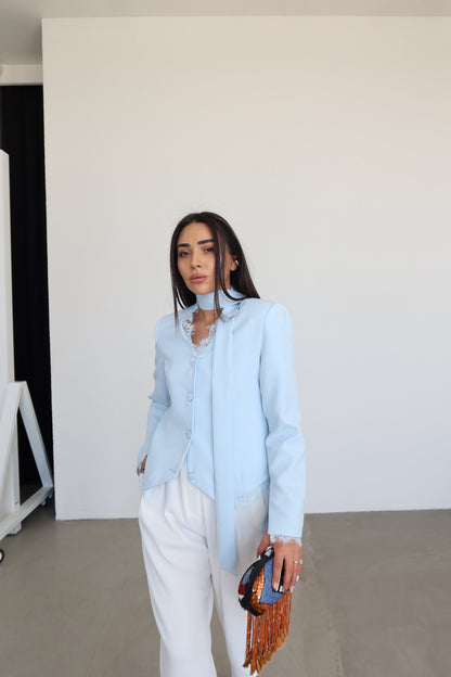 Lace Detail Button-Down Jacket- blue