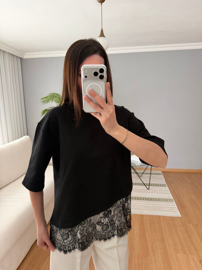 Premium cotton t-shirt with lace details - black