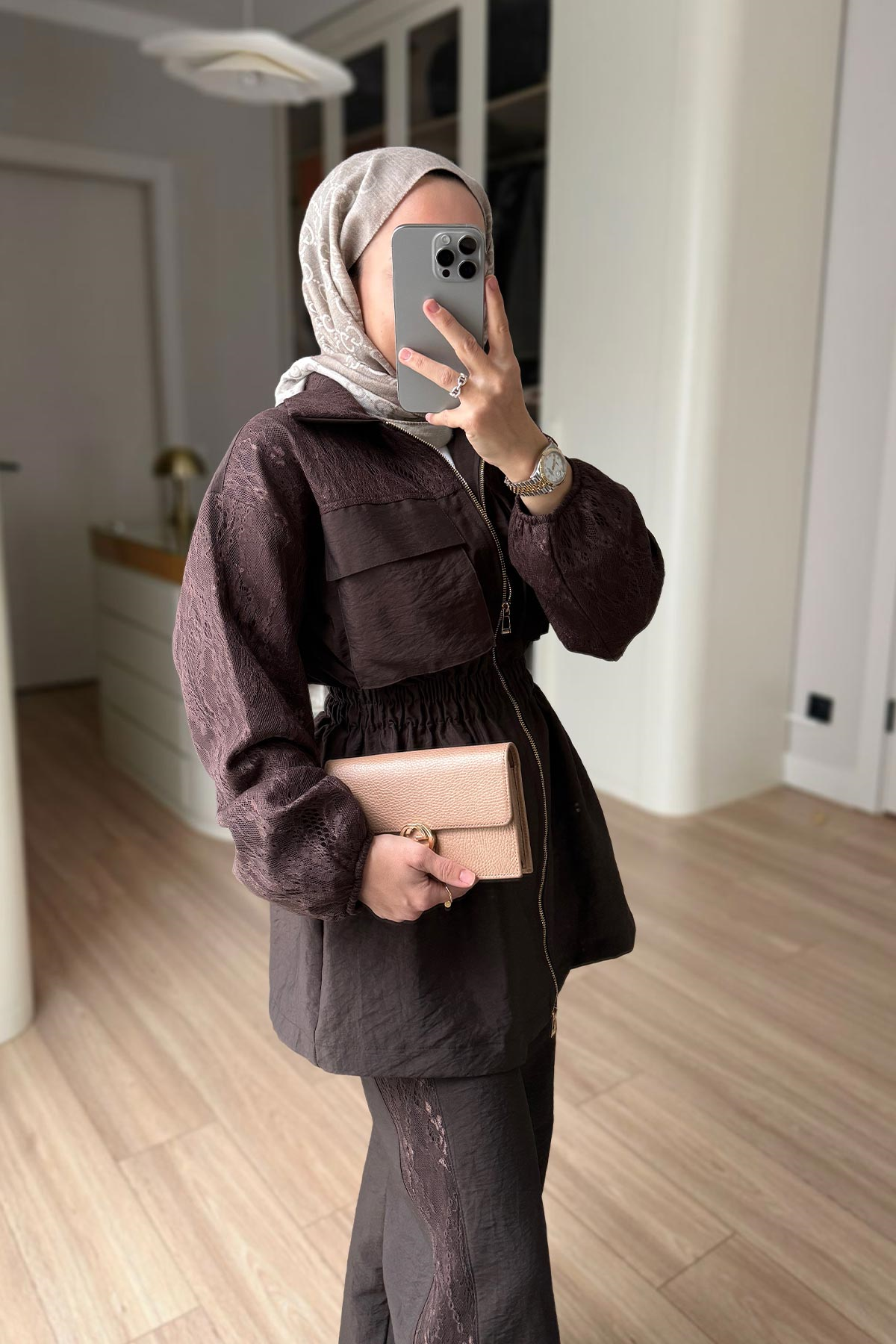 Gold zipper jacket with lace details co-ord set -brown