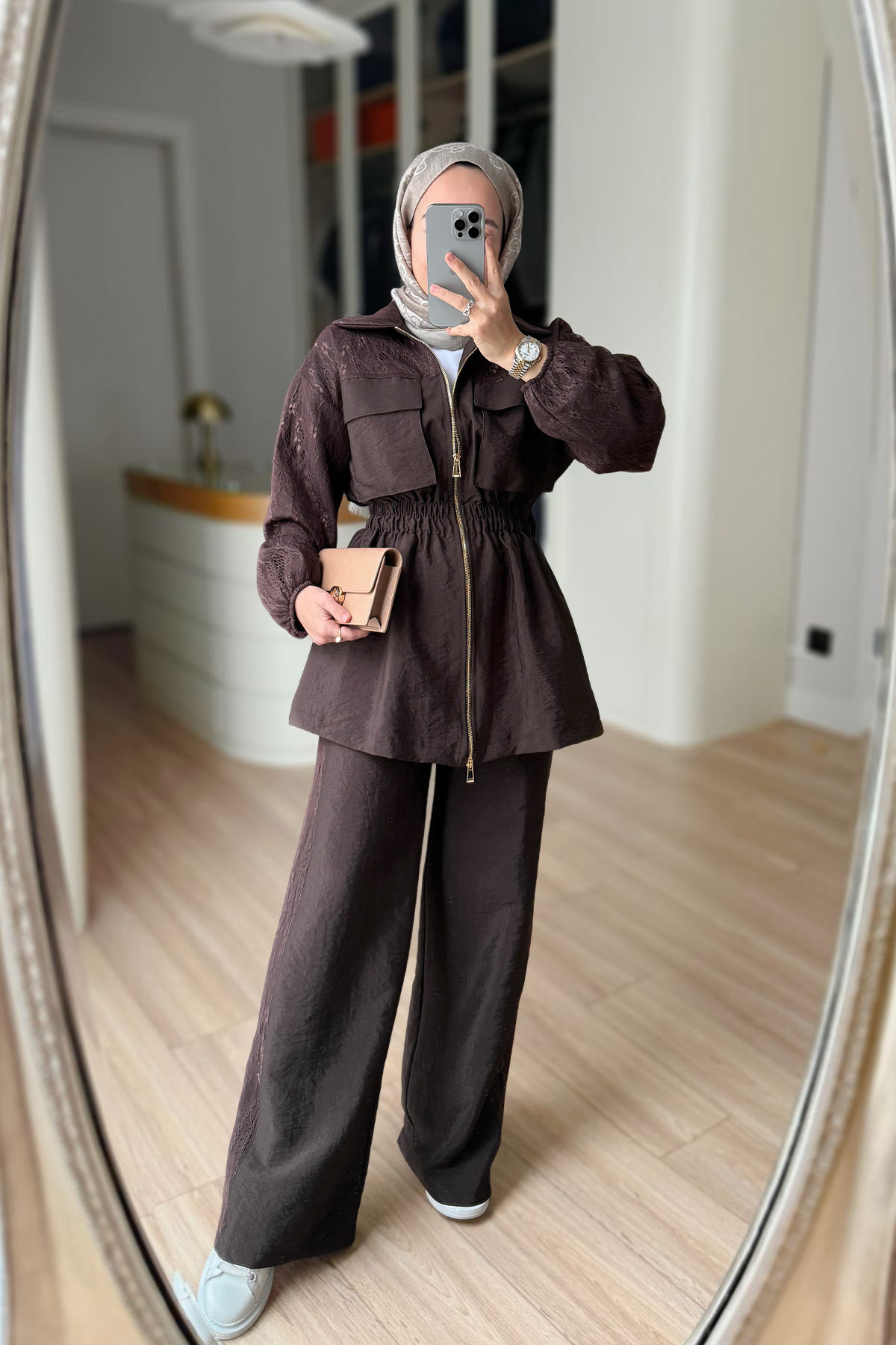 Gold zipper jacket with lace details co-ord set -brown