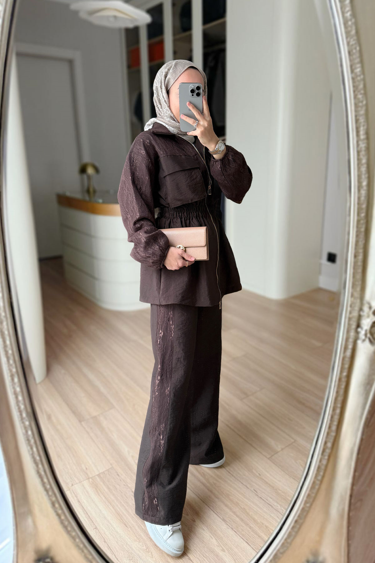 Gold zipper jacket with lace details co-ord set -brown