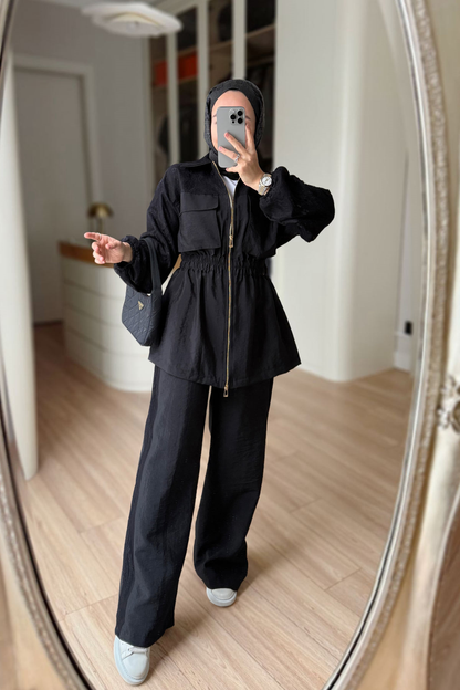 Gold zipper jacket with lace details co-ord set -black