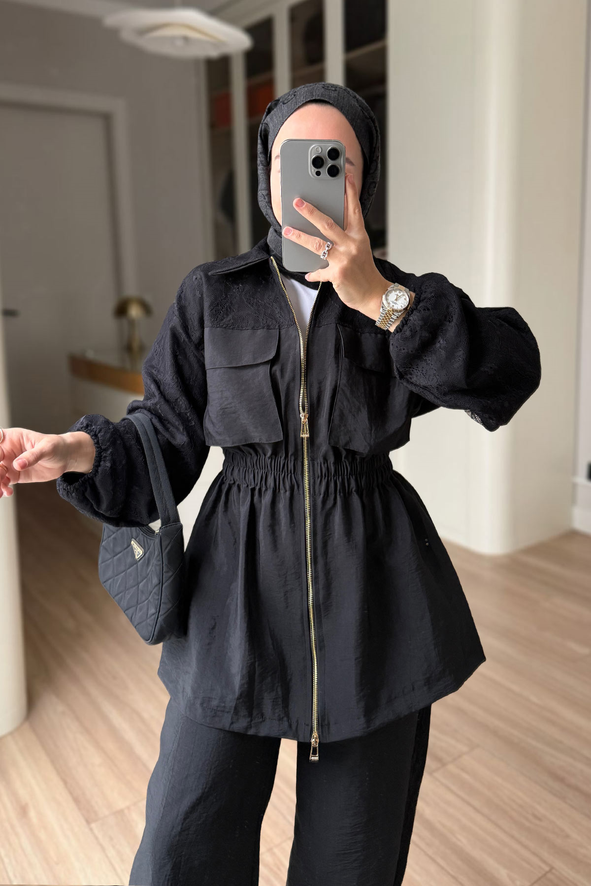 Gold zipper jacket with lace details co-ord set -black